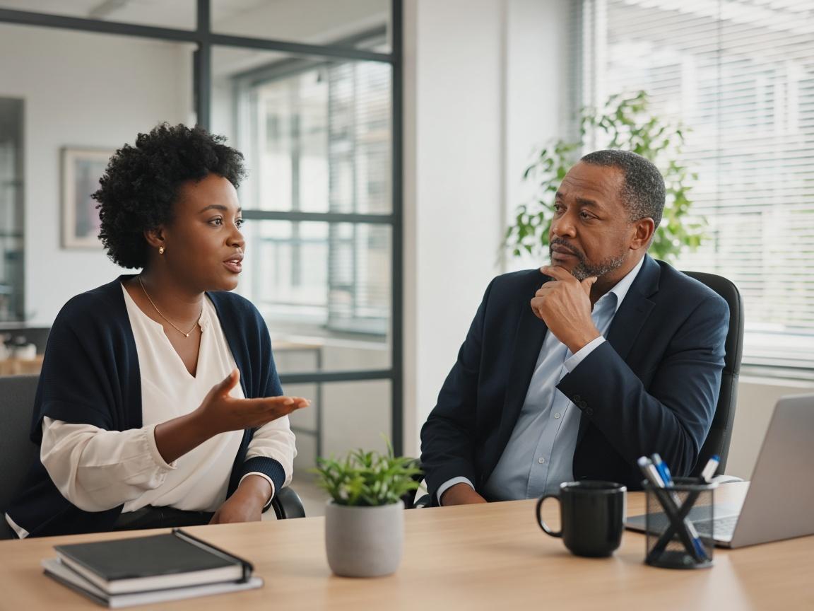 An employee speaking with a manager at a laptop about workplace support.