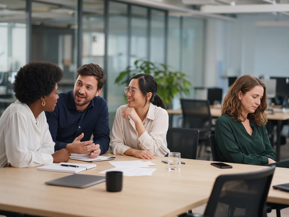 A team meeting where one colleague sits apart from the conversation.